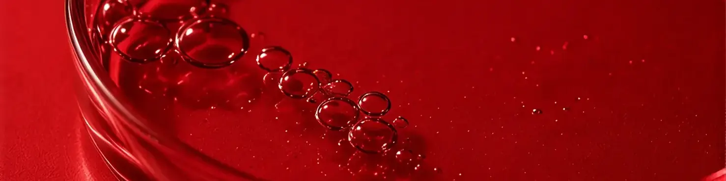 Red liquid with rising bubbles in a glass dish